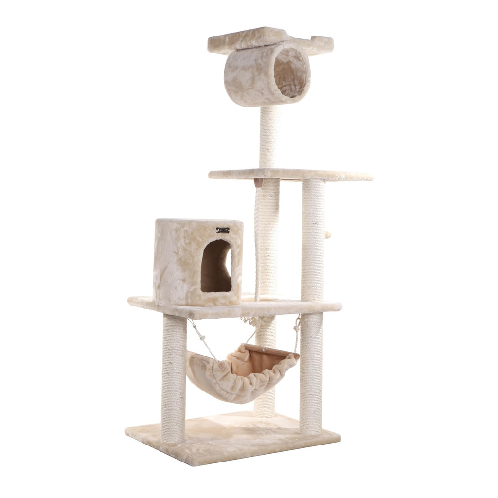 Tall 70 Inch MultiLevel Feline Activity Tower with Scratching Posts and Playhouse, Tan Z97820