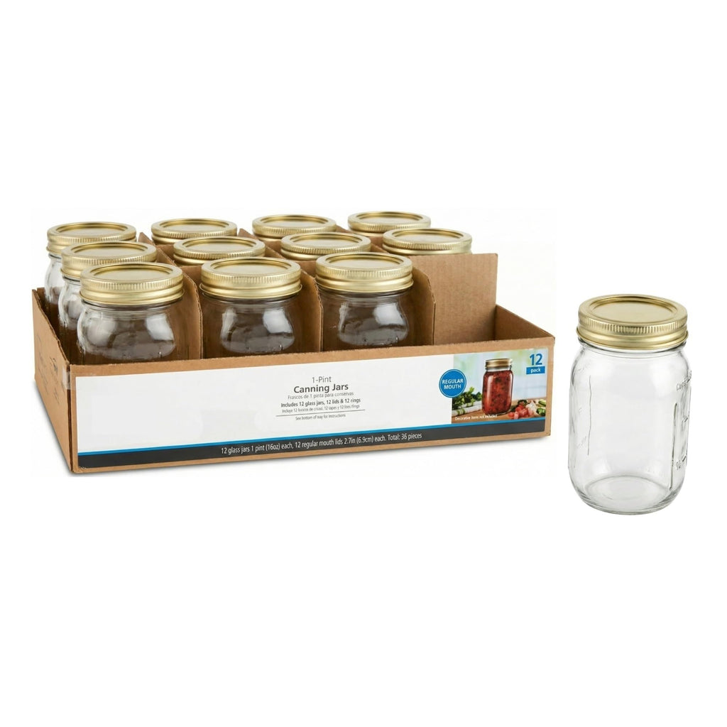 16 oz Regular Mouth Glass Canning Jars with Lids and Rings, 12-Pack K48991