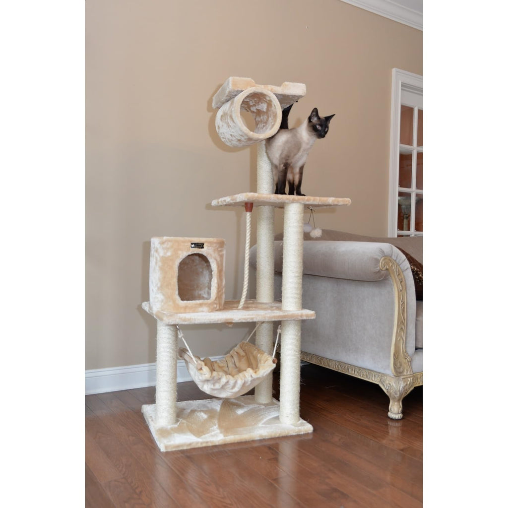 Tall 70 Inch MultiLevel Feline Activity Tower with Scratching Posts and Playhouse, Tan Z97820