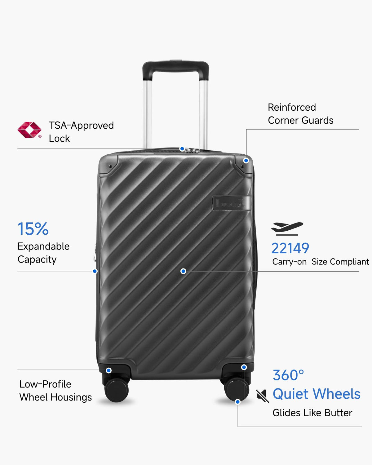 20 Inch Carry On Luggage 22x14x9 Charcoal Metallic N874