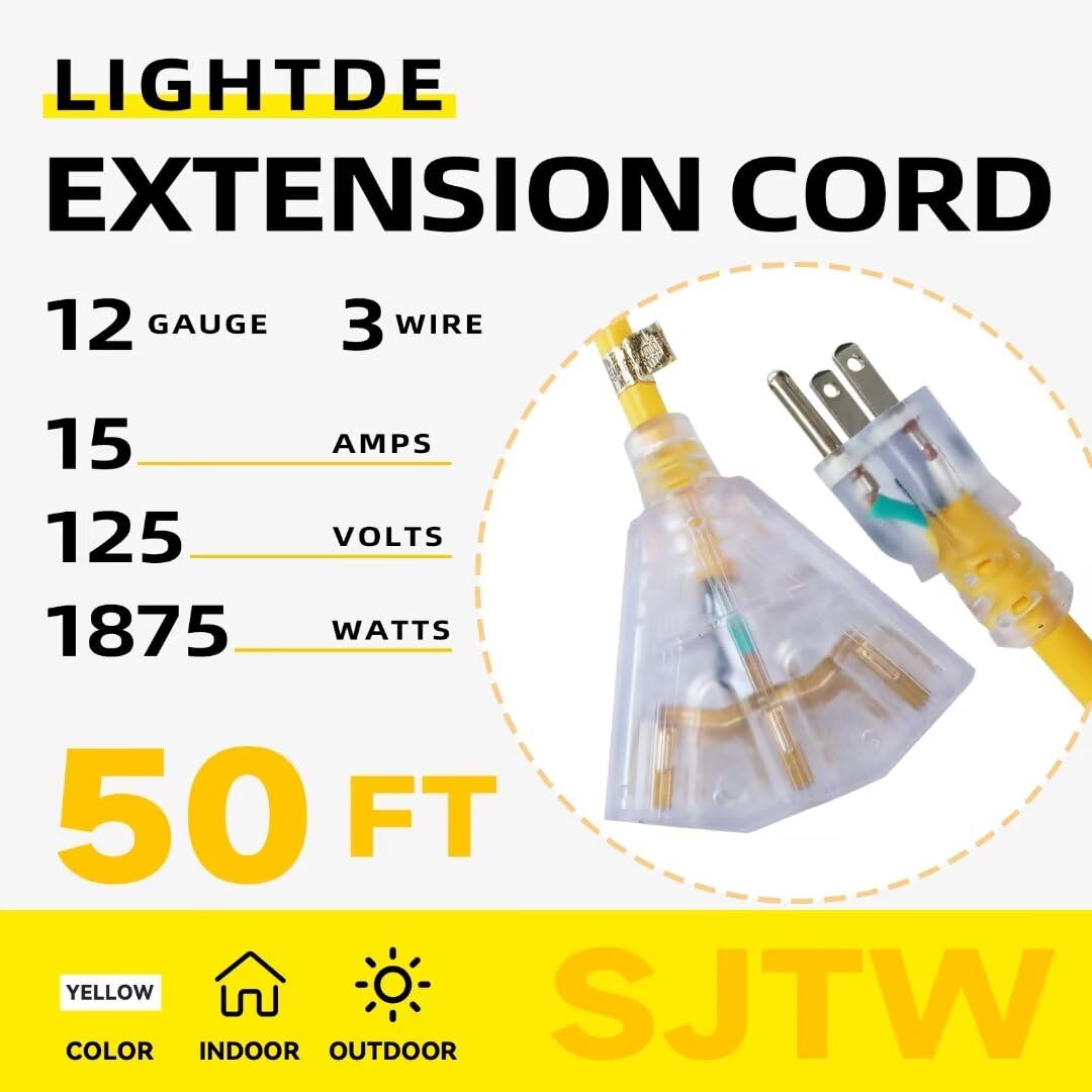 50 Ft Yellow Heavy Duty Outdoor Extension Cord with 3 Outlets D589461