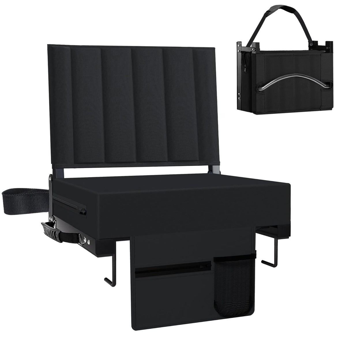 Black Padded Portable Folding Stadium Seat with Back Support and Cup Holder B65116