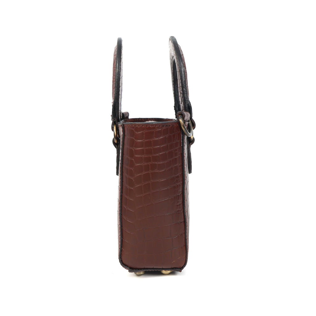 Tan Croc-Embossed Leather Mini Tote Crossbody Bag I9785