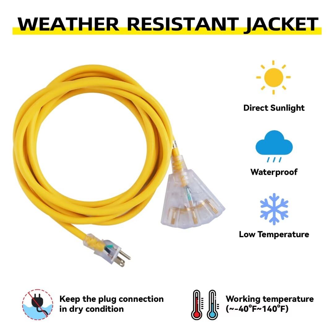50 Ft Yellow Heavy Duty Outdoor Extension Cord with 3 Outlets D589461