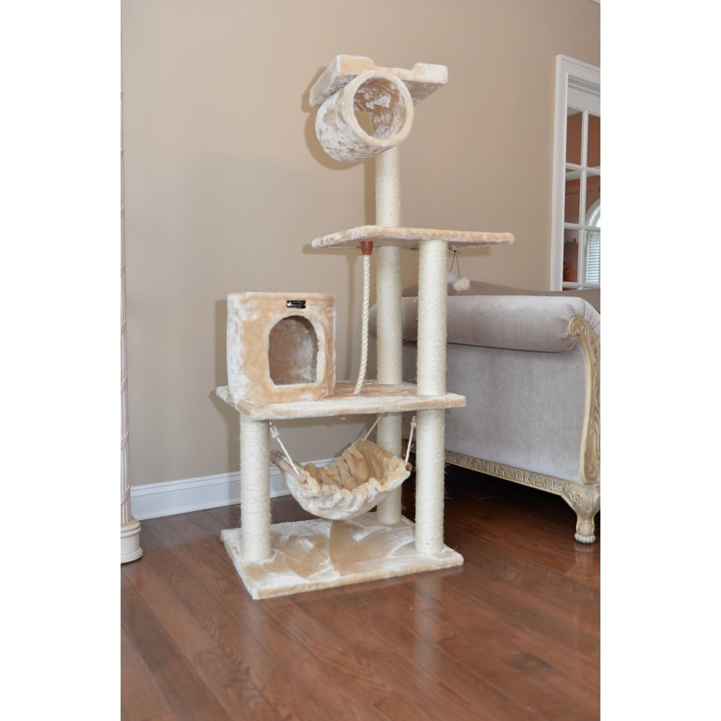 Tall 70 Inch MultiLevel Feline Activity Tower with Scratching Posts and Playhouse, Tan Z97820