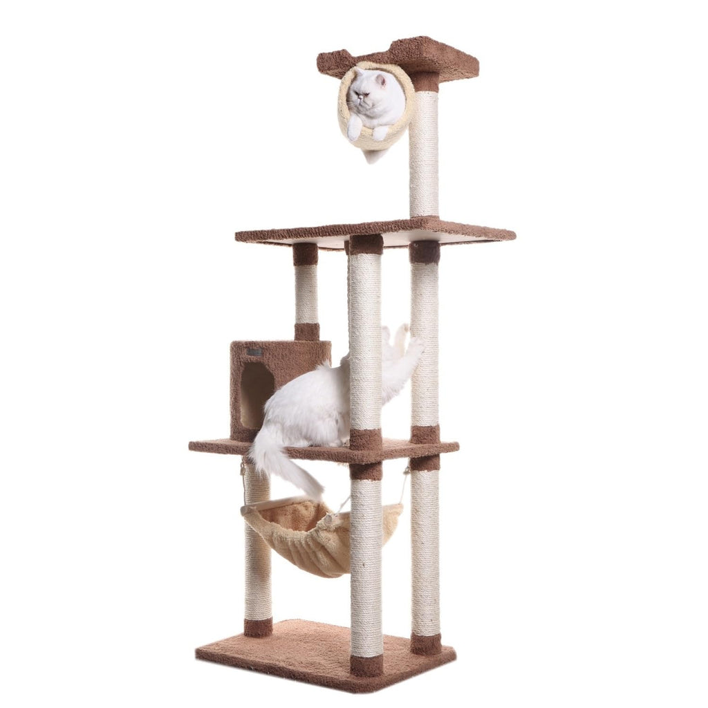 Tall 70 Inch MultiLevel Feline Activity Tower with Scratching Posts and Playhouse, Tan Z97820