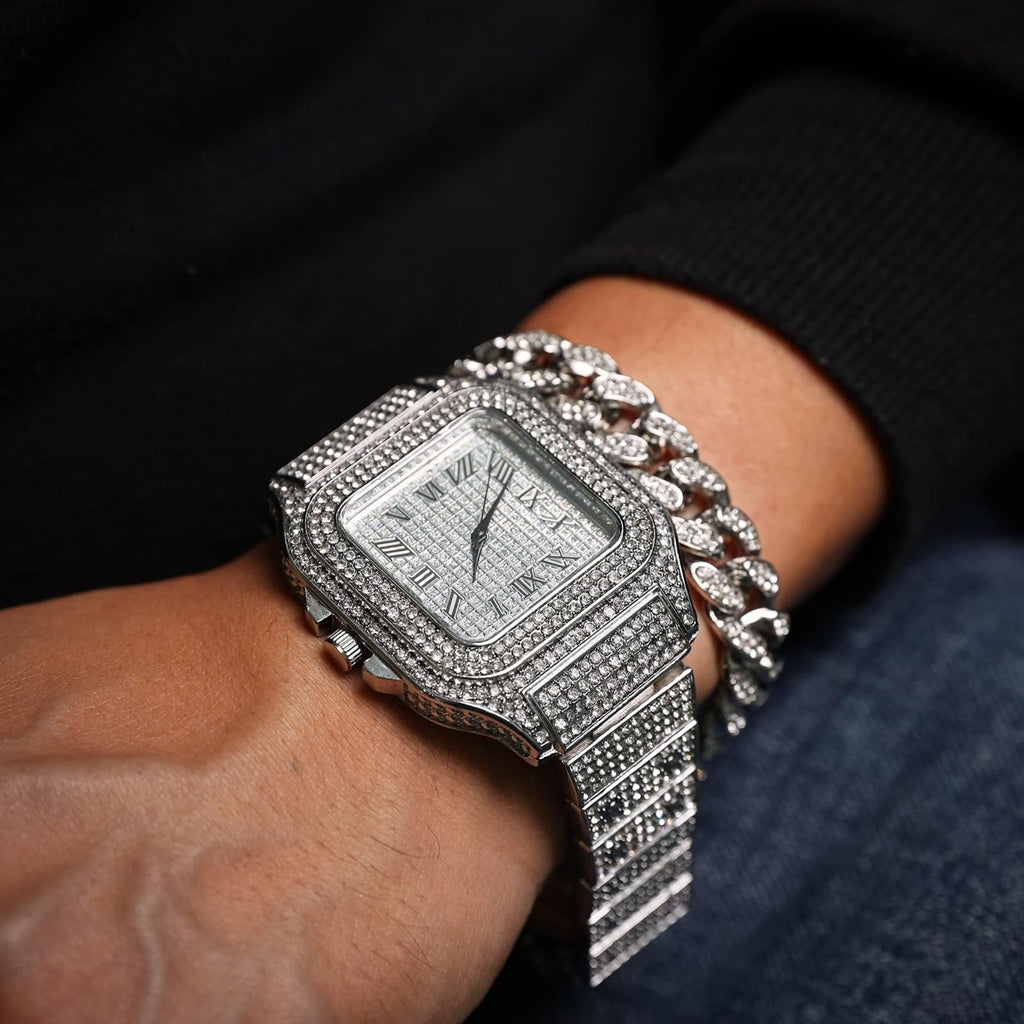 Men's Watch 18K Gold Platinum Plated 40MM Square Dial Diamond Wristband O28662