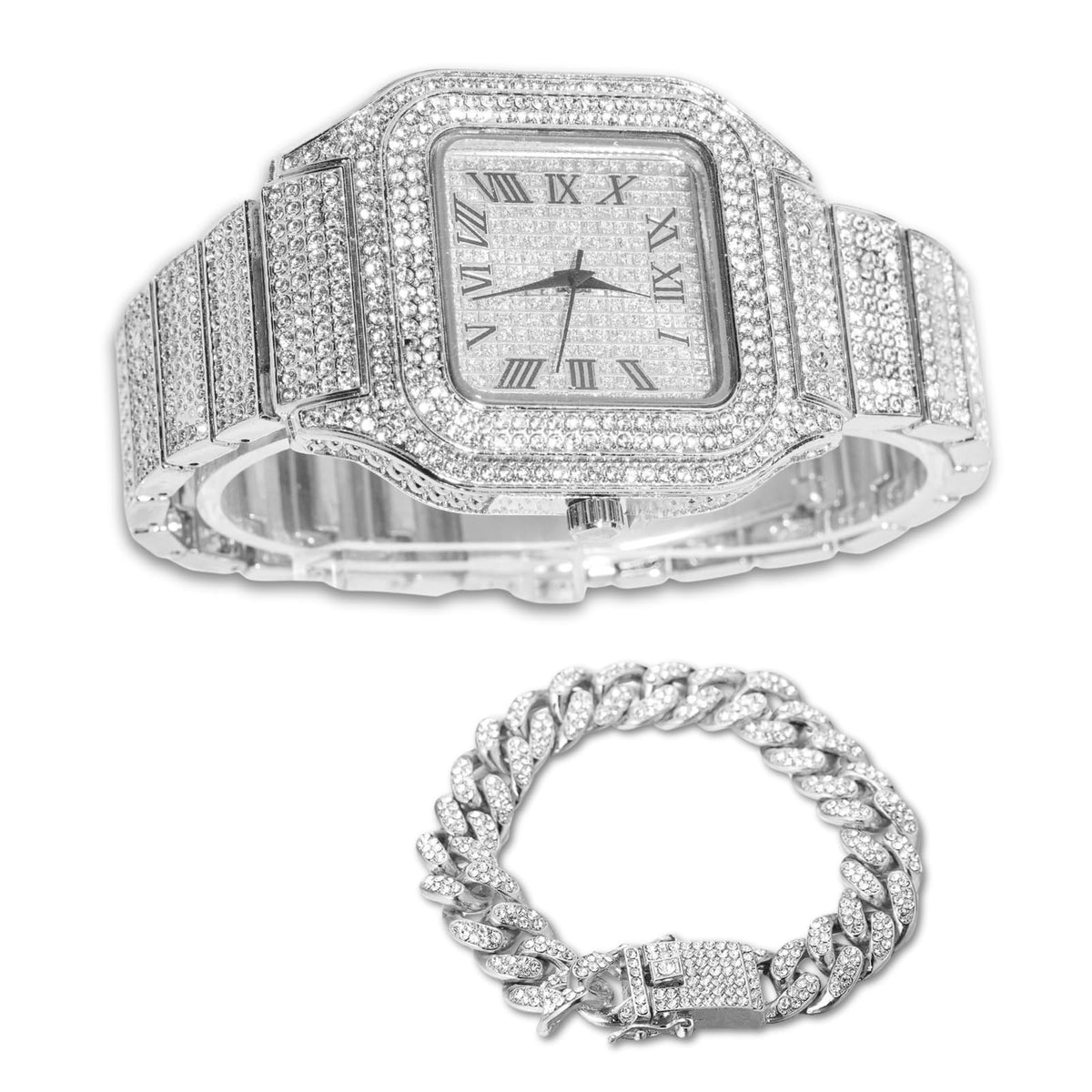 Men's Watch 18K Gold Platinum Plated 40MM Square Dial Diamond Wristband O28662