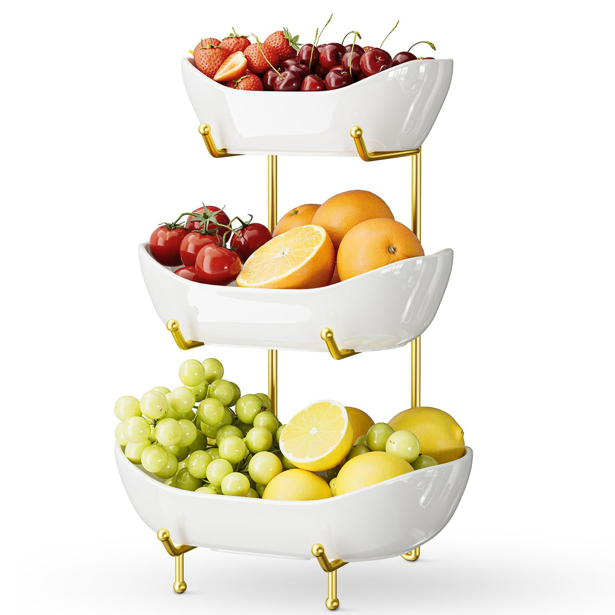 3 Tier Ceramic Fruit Bowl with Metal Stand Y735871