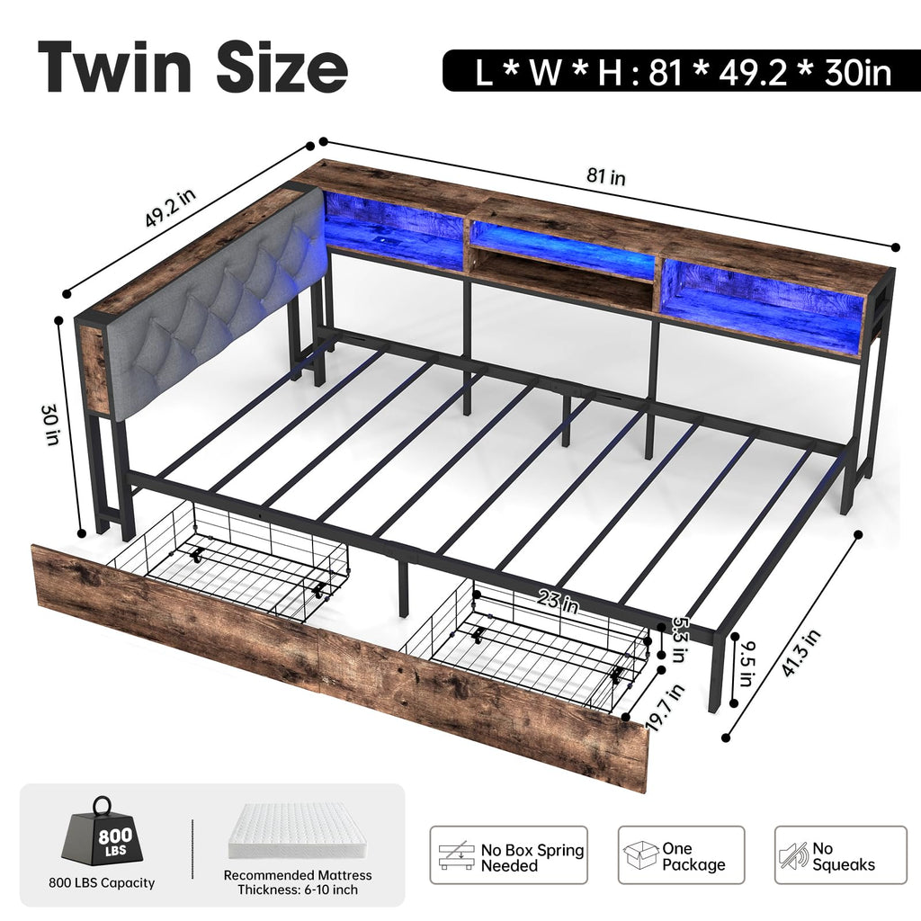 Twin Size Corner Bed Frame with Storage Bookcase J7869