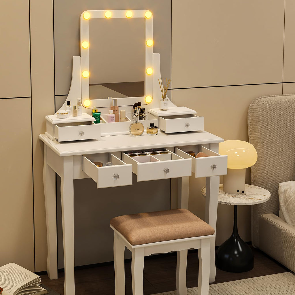 Vanity Desk with Mirror and Lights and Stool Set J89683