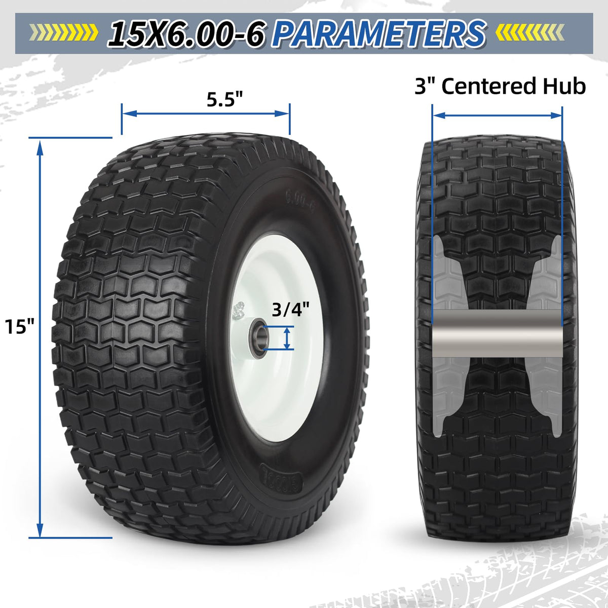 15x6.00-6 Flat Free Lawn Mower Tire and Wheel, 2 Pack W306656