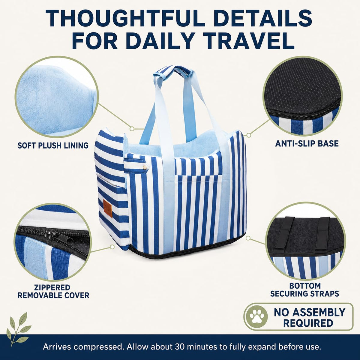 Dog Car Seat for Small Dogs to 15lbs Blue White Stripes H82779