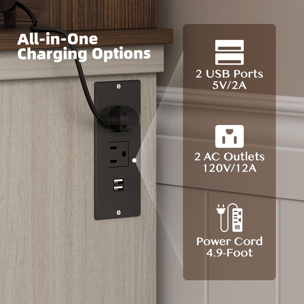 White Coffee Bar Cabinet with Storage and Charging K619