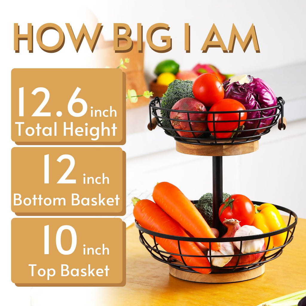 2-tier Metal Fruit Basket Bowl with Wooden Base W1938