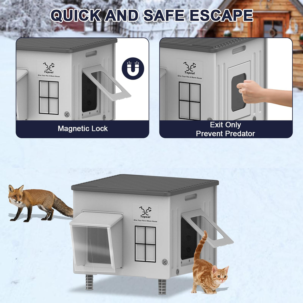 Heated Cat House with Safety Escape Doors and Heating Pads Y26975