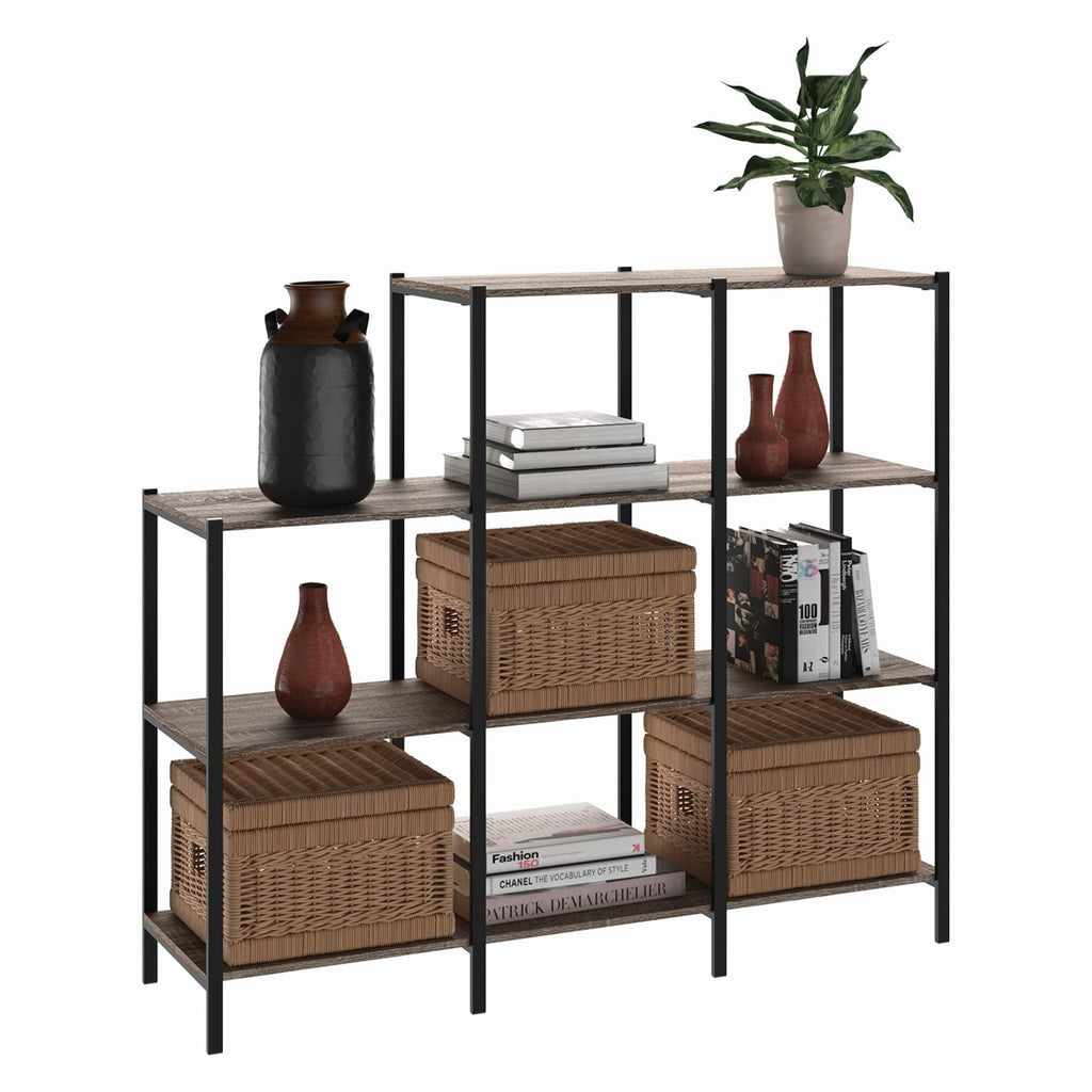 4-Tier Bookcase, 5 Shelves, Black Metal and Wood U285
