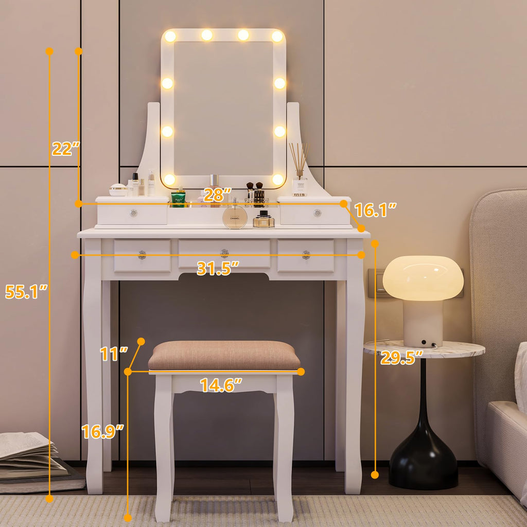Vanity Desk with Mirror and Lights and Stool Set J89683