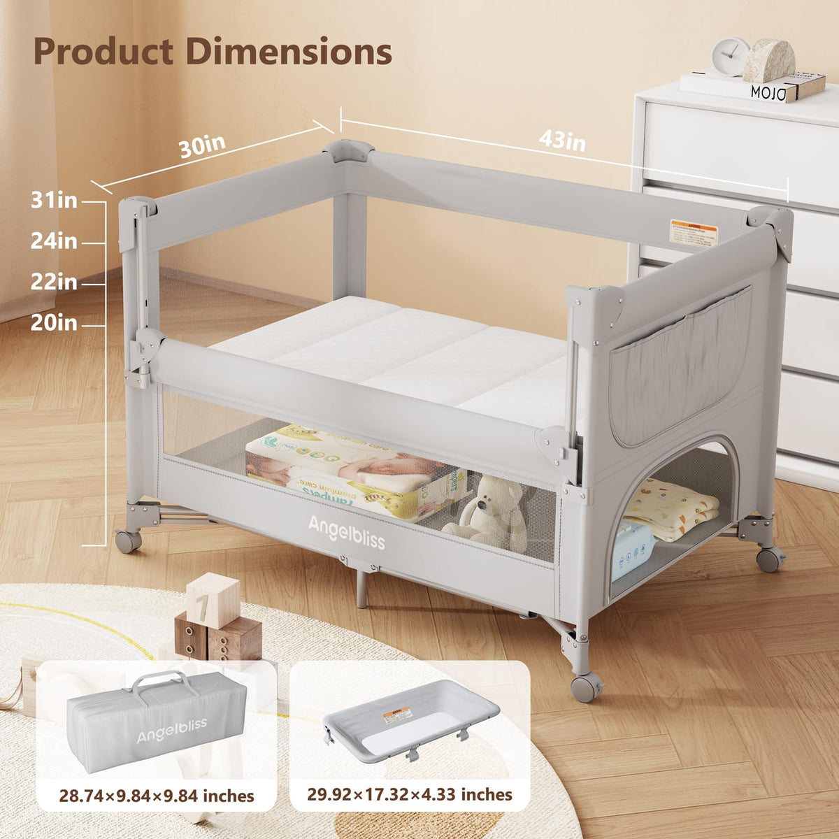 Pack and Play, Baby Bassinet Bedside Crib with Changer, Grey A221614