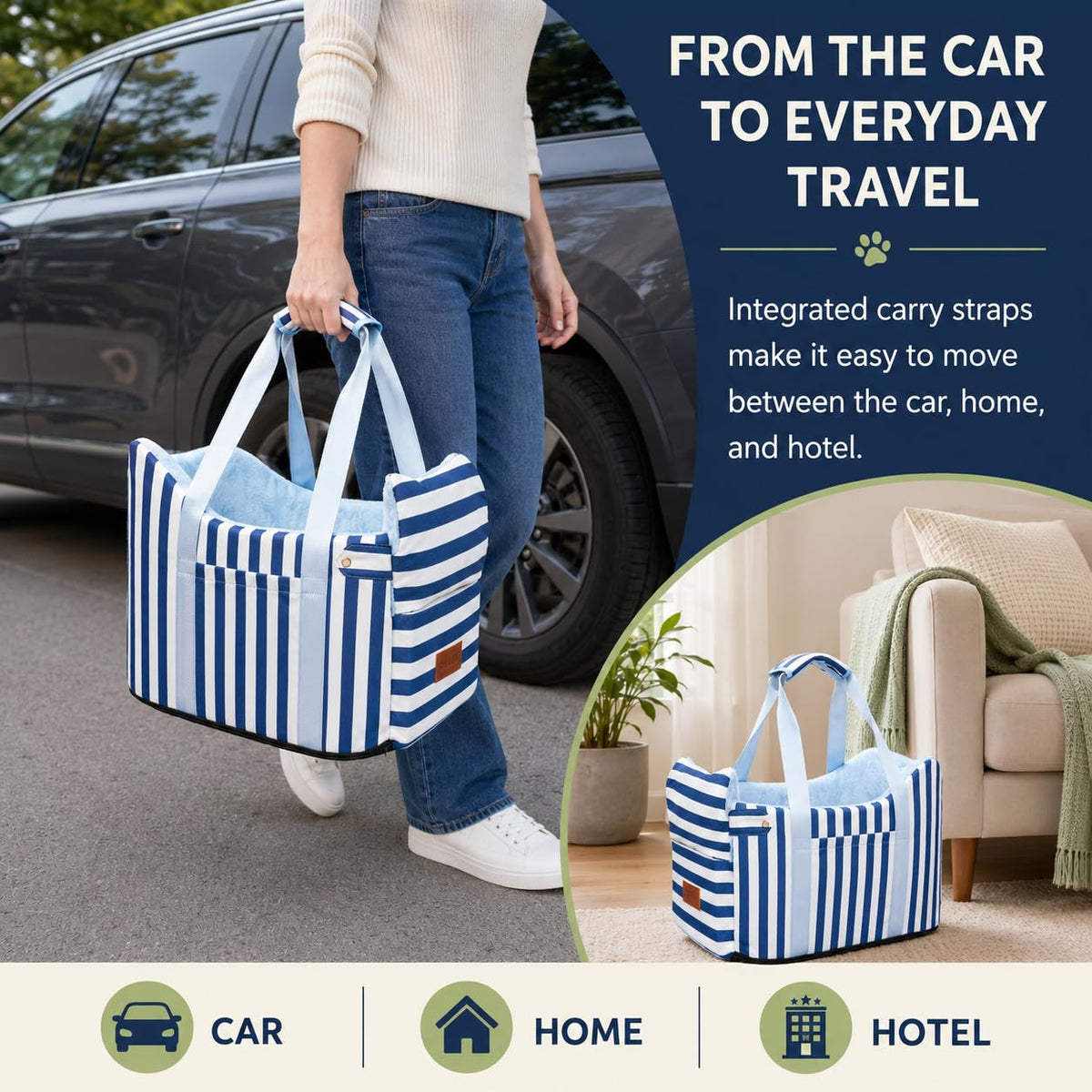 Dog Car Seat for Small Dogs to 15lbs Blue White Stripes H82779