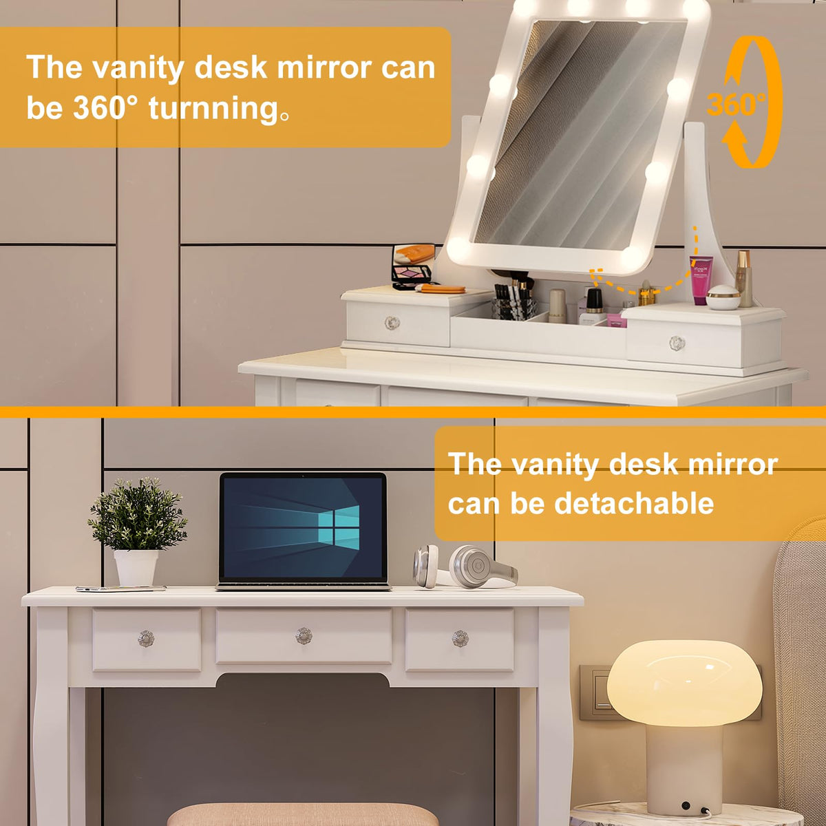 Vanity Desk with Mirror and Lights and Stool Set J89683