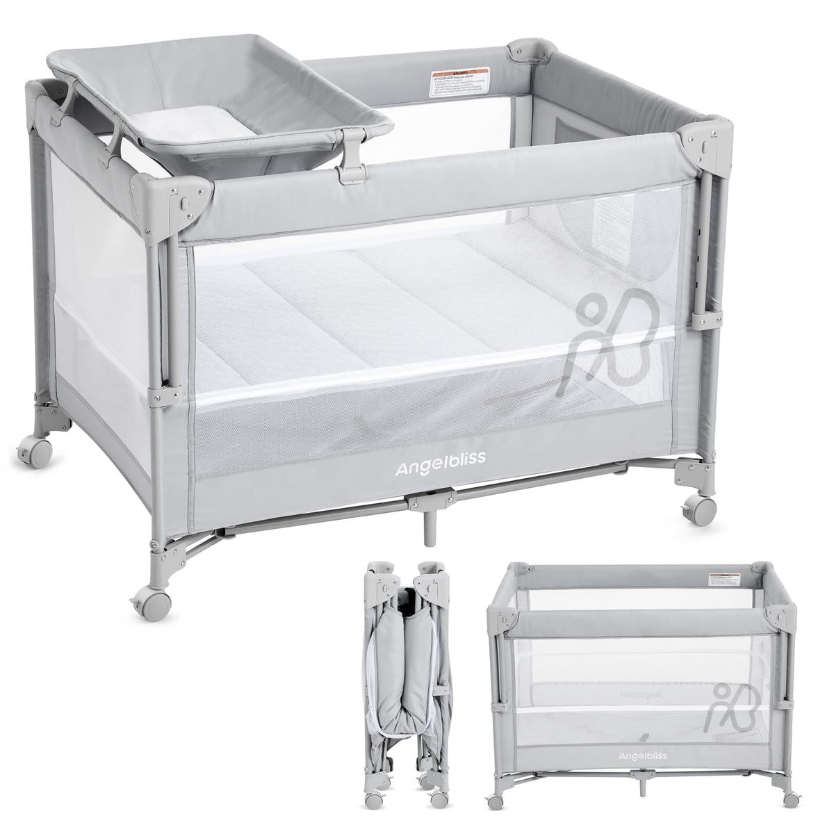 Pack and Play, Baby Bassinet Bedside Crib with Changer, Grey A221614