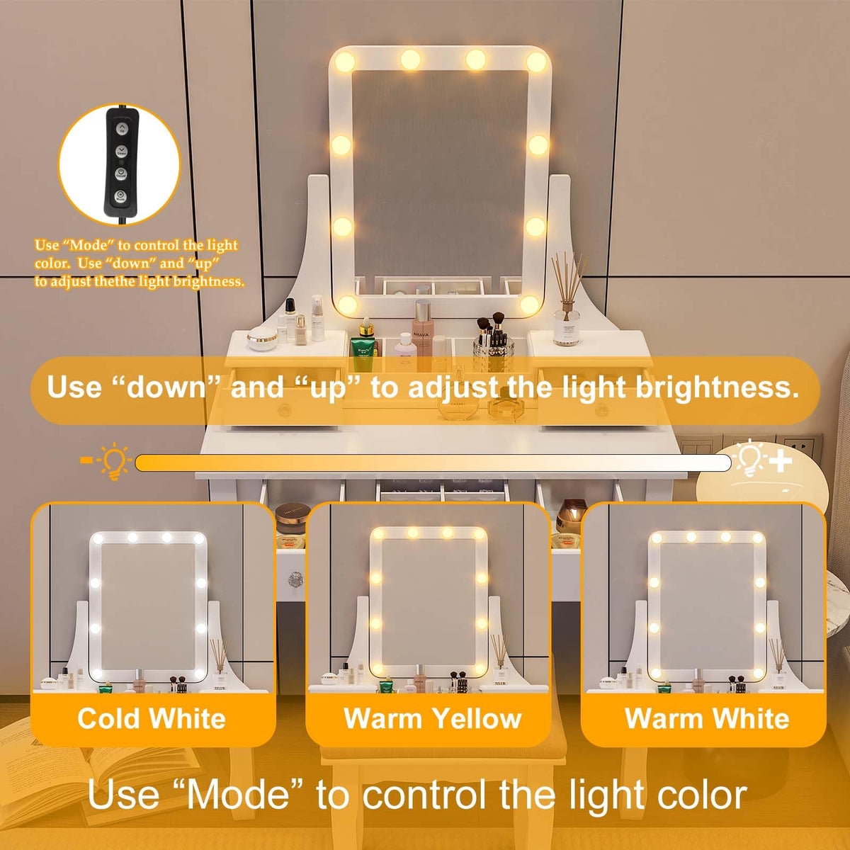 Vanity Desk with Mirror and Lights and Stool Set J89683