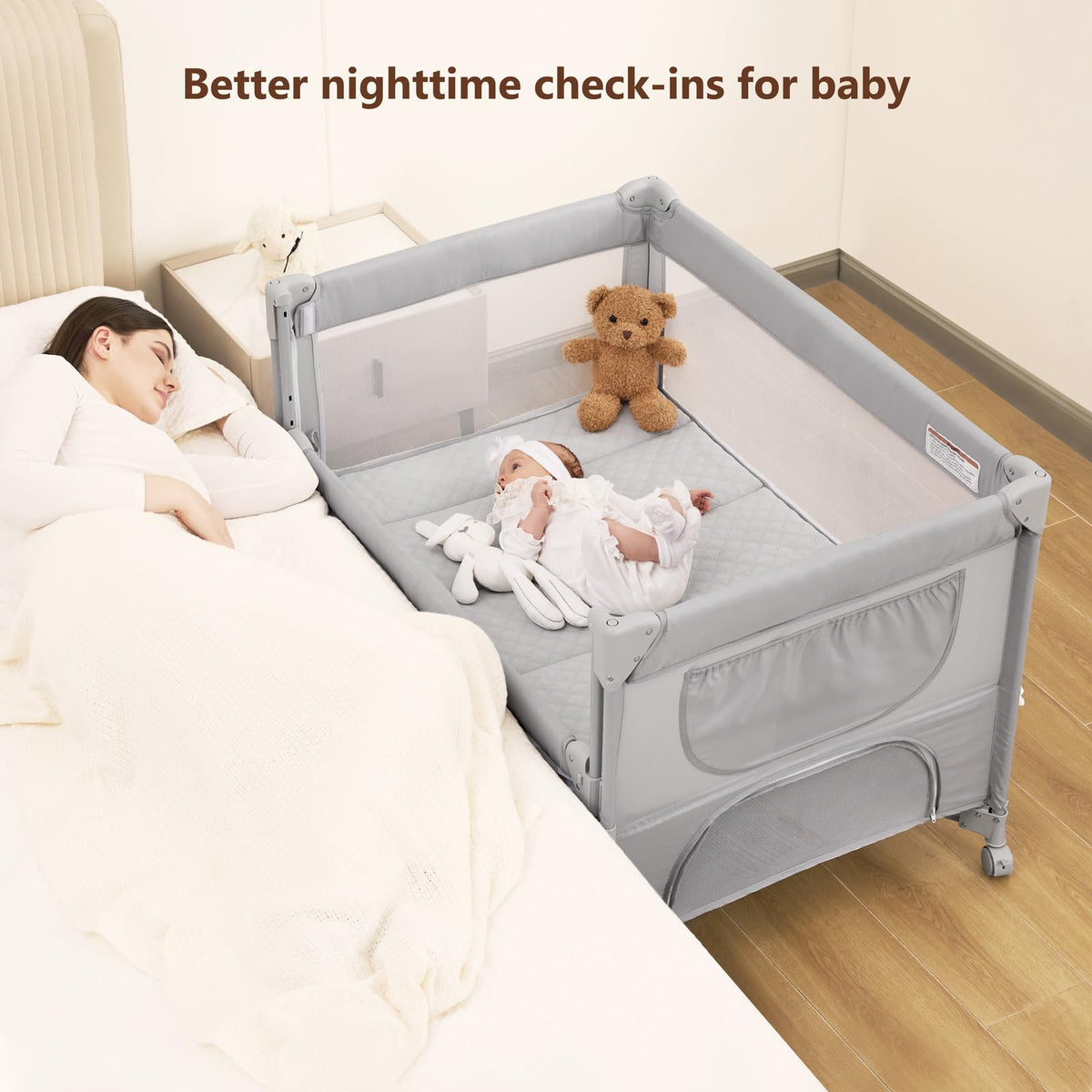 Pack and Play, Baby Bassinet Bedside Crib with Changer, Grey A221614