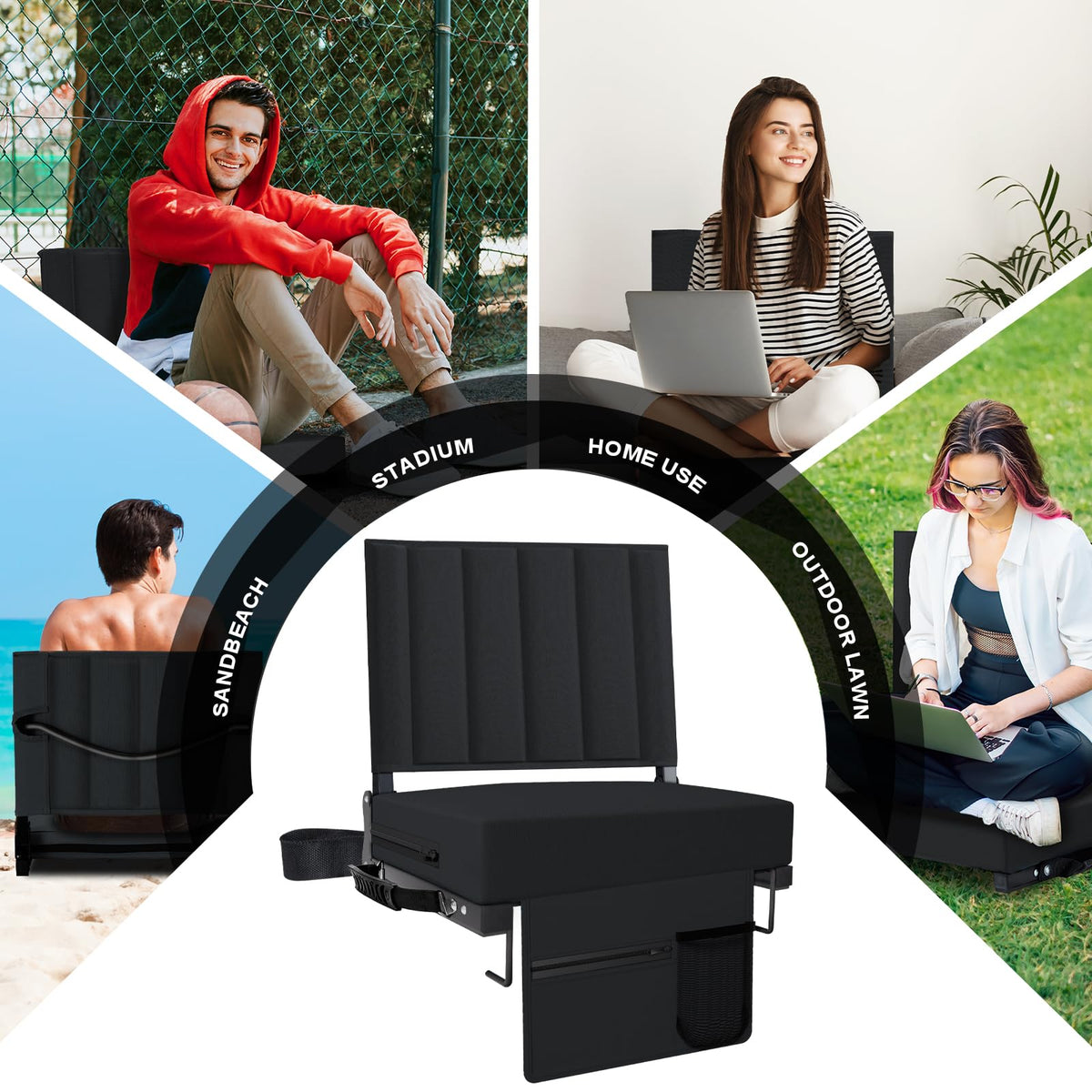 Black Padded Portable Folding Stadium Seat with Back Support and Cup Holder B65116