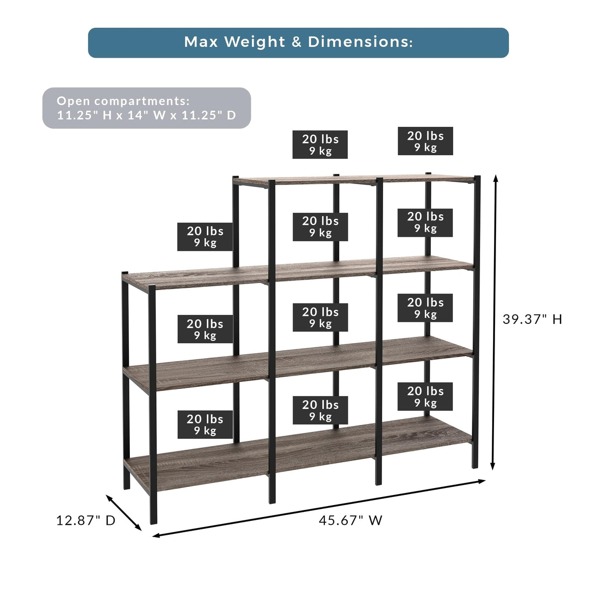 4-Tier Bookcase, 5 Shelves, Black Metal and Wood U285