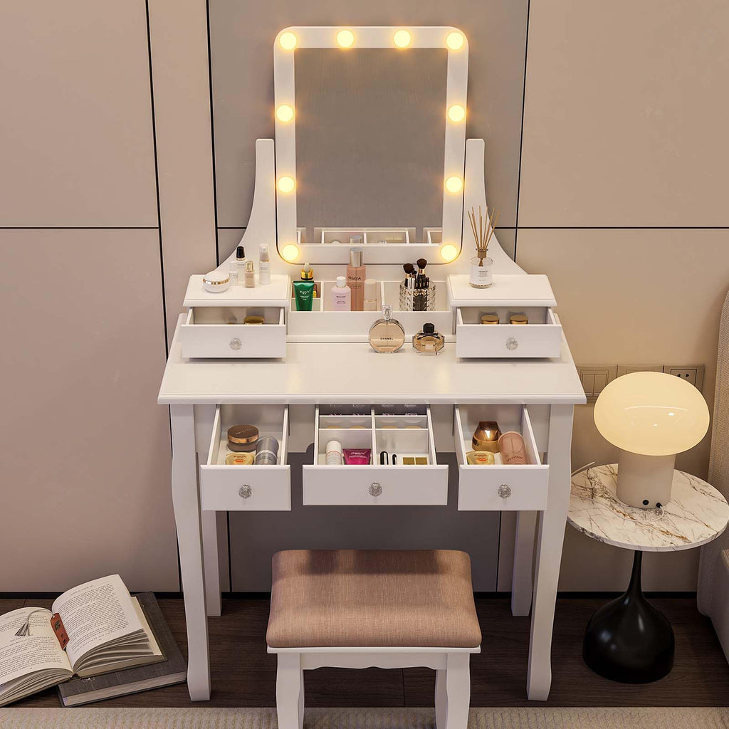 Vanity Desk with Mirror and Lights and Stool Set J89683