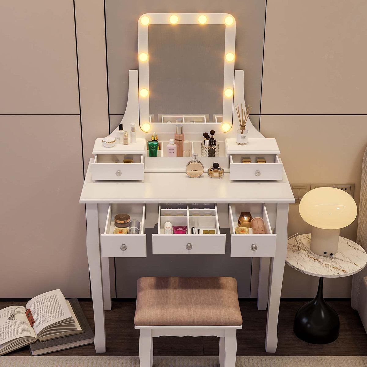 Vanity Desk with Mirror and Lights and Stool Set J89683