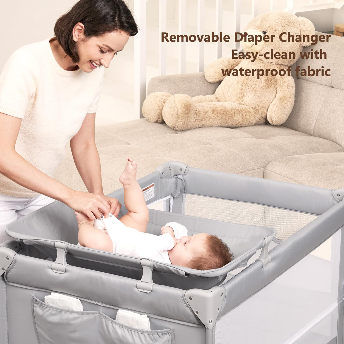 Pack and Play, Baby Bassinet Bedside Crib with Changer, Grey A221614