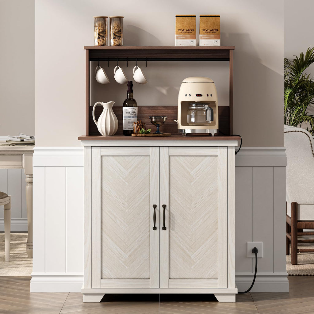 White Coffee Bar Cabinet with Storage and Charging K619