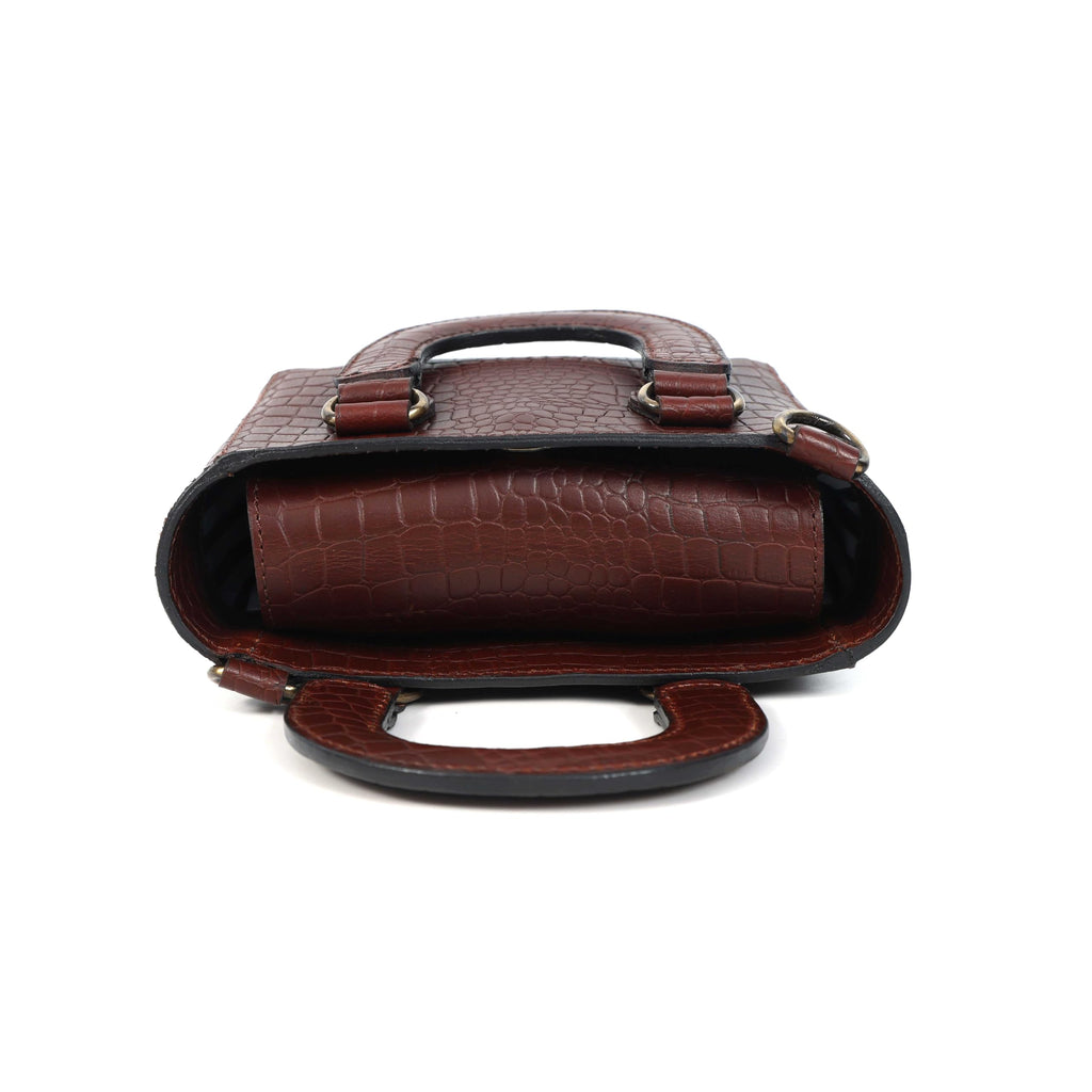 Tan Croc-Embossed Leather Mini Tote Crossbody Bag I9785