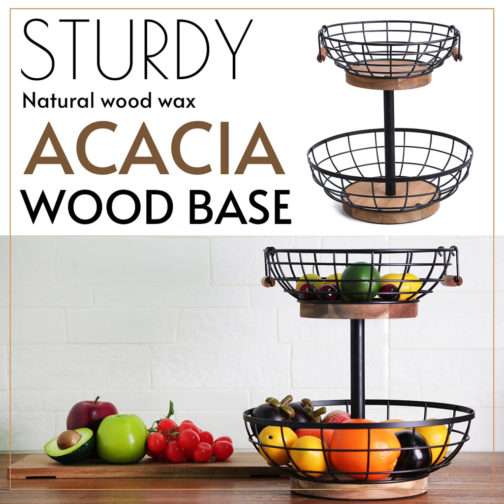 2-tier Metal Fruit Basket Bowl with Wooden Base W1938