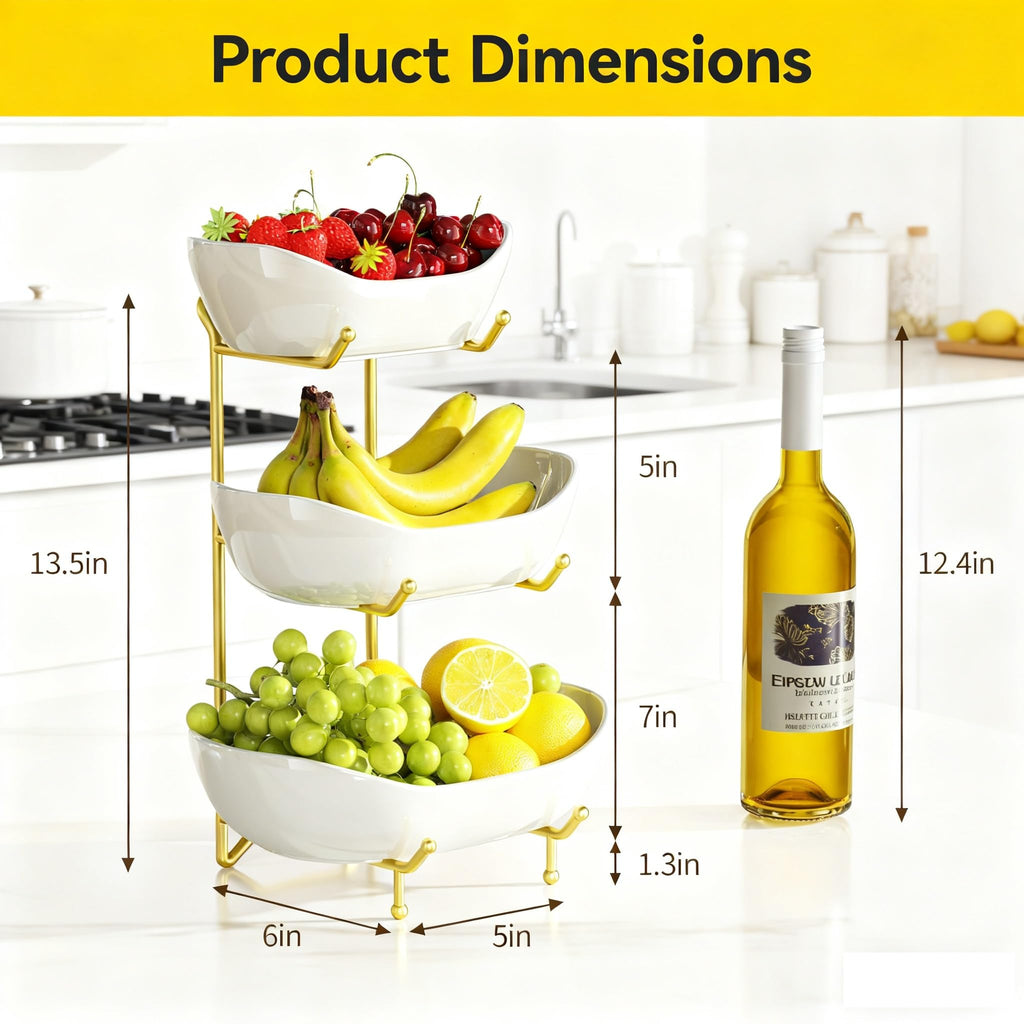 3 Tier Ceramic Fruit Bowl with Metal Stand Y735871