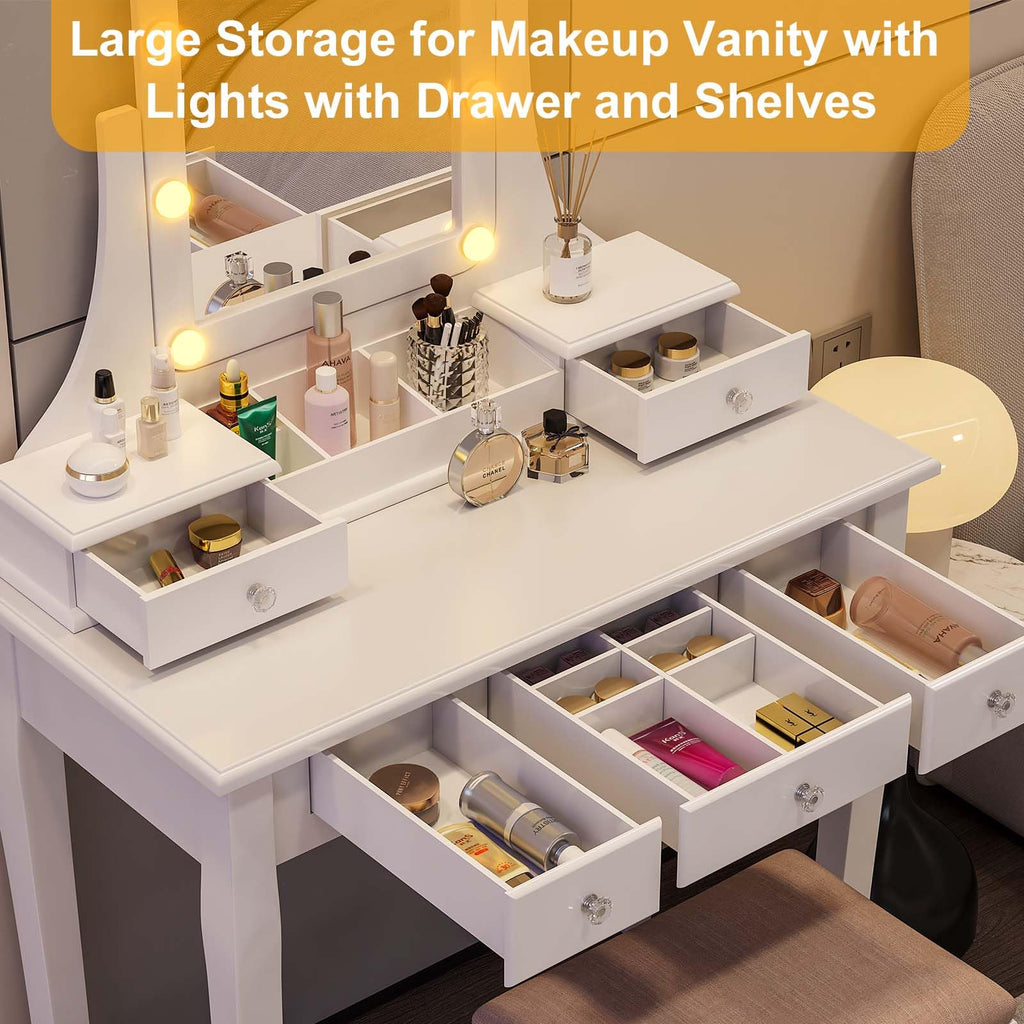 Vanity Desk with Mirror and Lights and Stool Set J89683