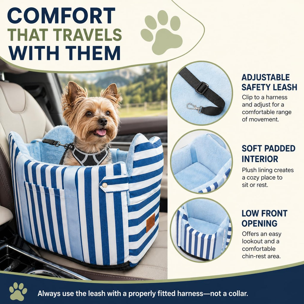 Dog Car Seat for Small Dogs to 15lbs Blue White Stripes H82779