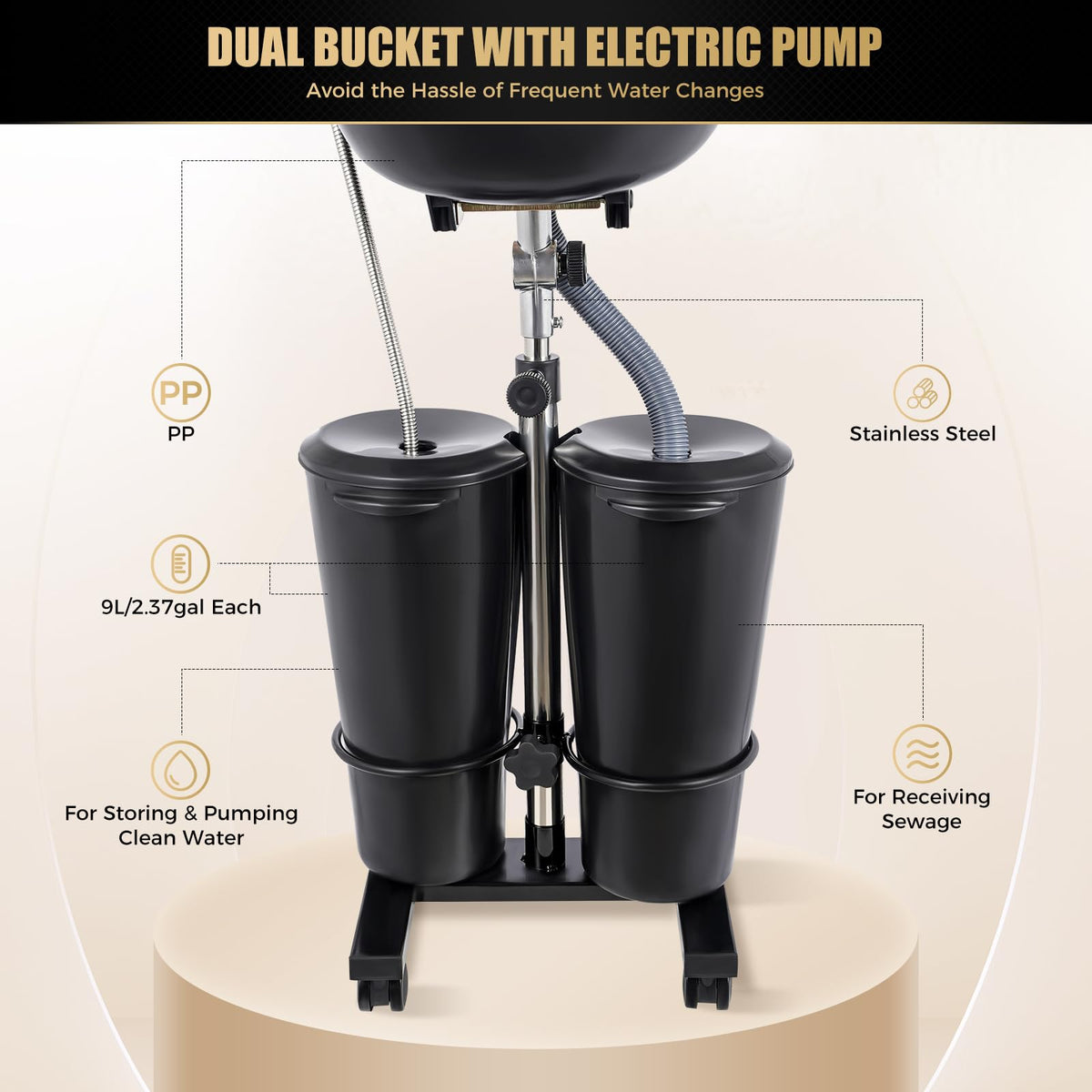 Portable Shampoo Bowl with Electric Pump Adjustable Height 2.64Gal J639