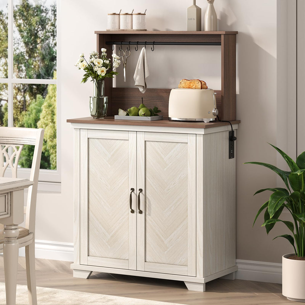 White Coffee Bar Cabinet with Storage and Charging K619