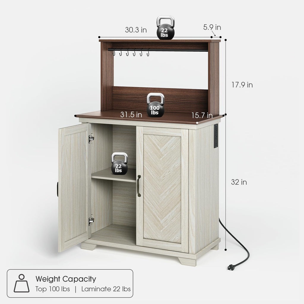 White Coffee Bar Cabinet with Storage and Charging K619