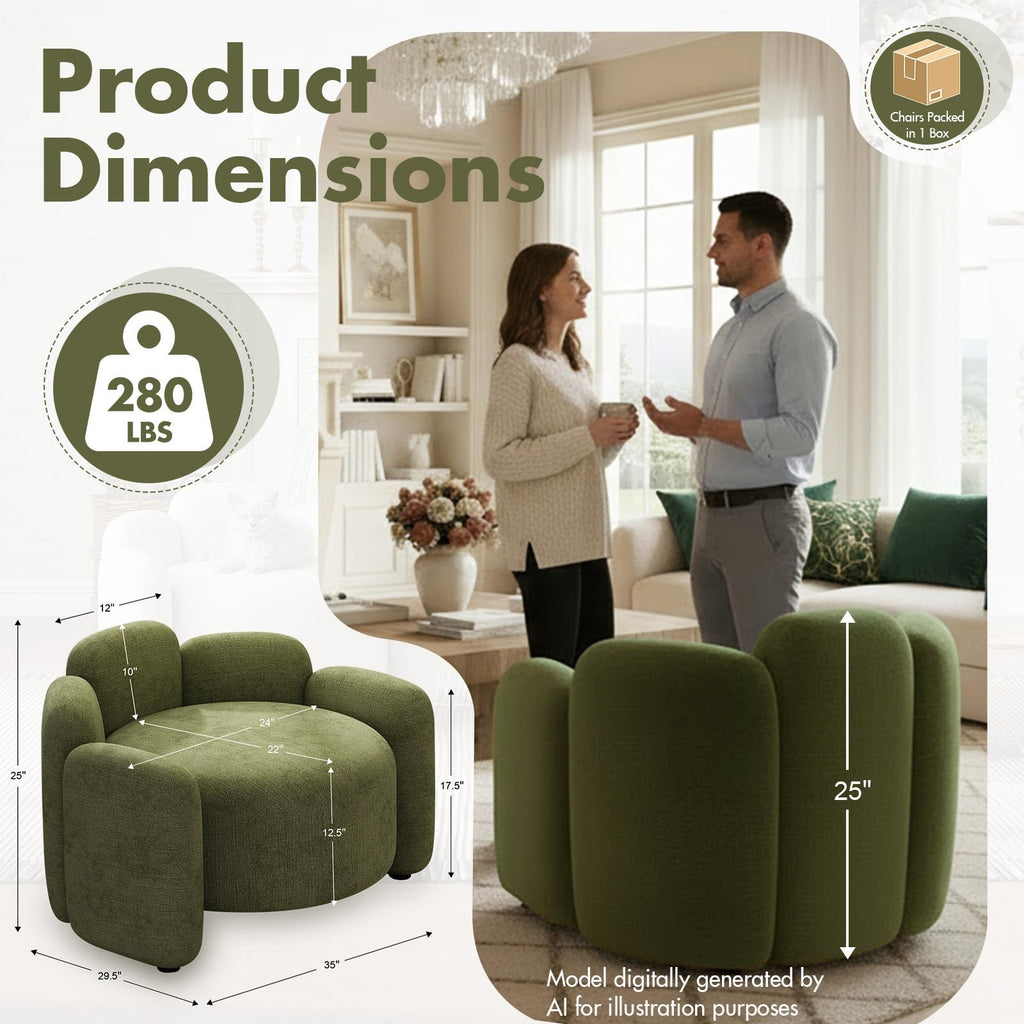 Green Mid-Century Modern Accent Chairs Set of 2 Upholstered Barrel Side Chairs with Solid Wood Base E8594