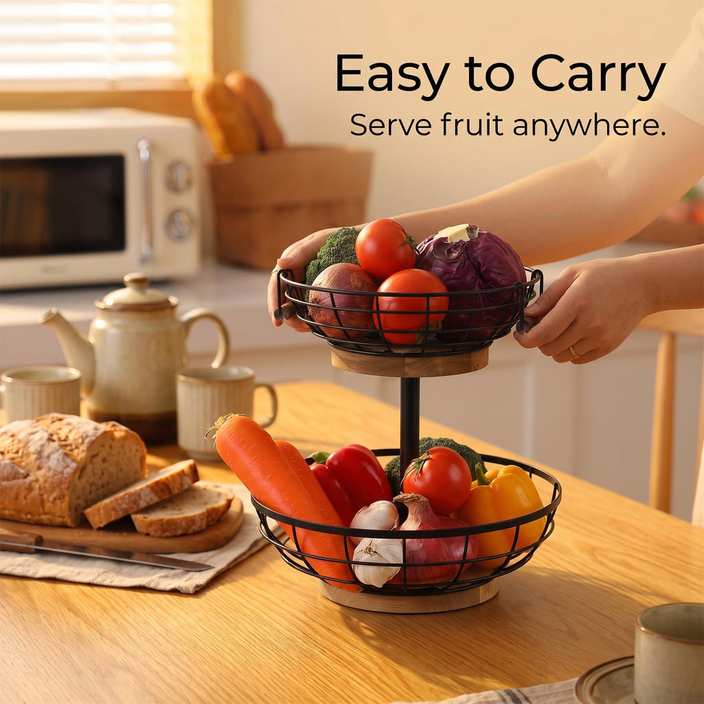 2-tier Metal Fruit Basket Bowl with Wooden Base W1938