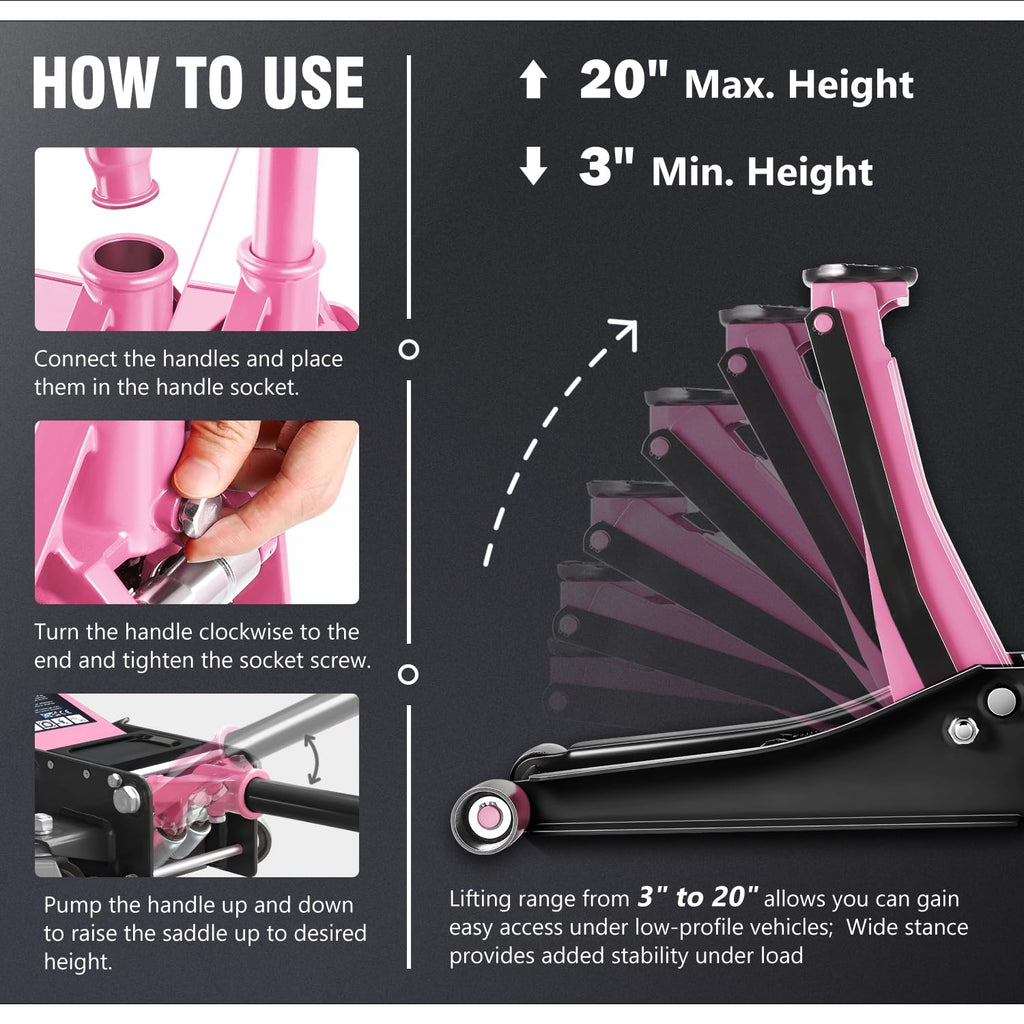 Low Profile Hydraulic Trolley Floor Jack 3 Ton Pink K422
