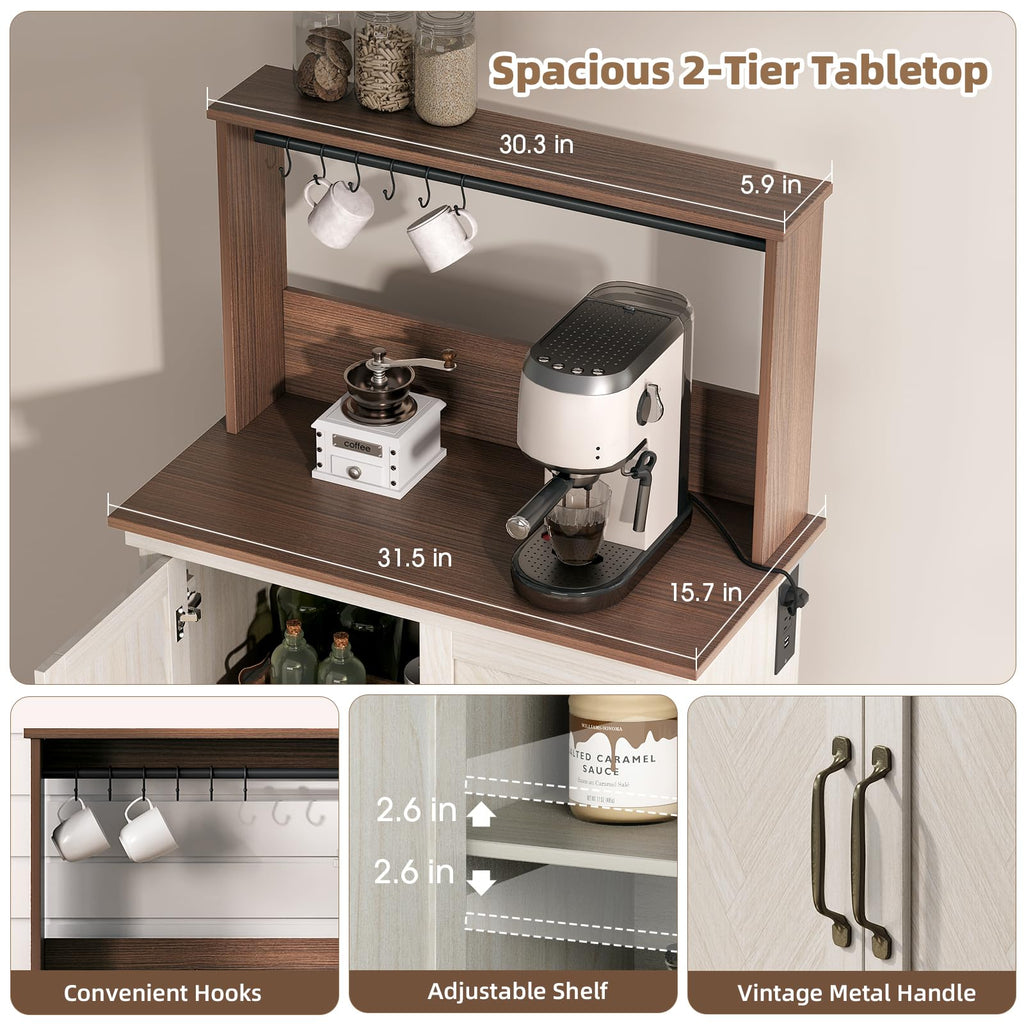 White Coffee Bar Cabinet with Storage and Charging K619