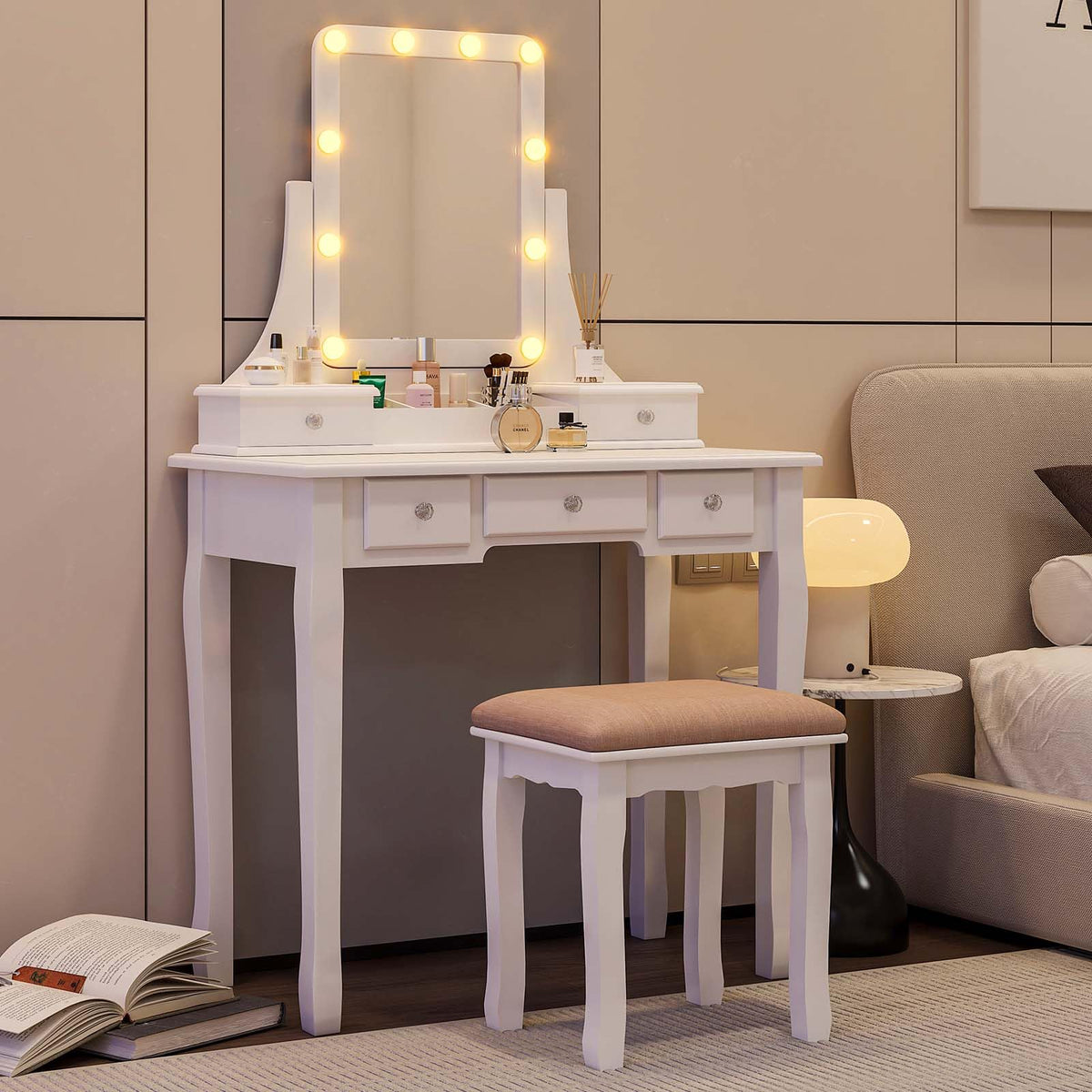 Vanity Desk with Mirror and Lights and Stool Set J89683