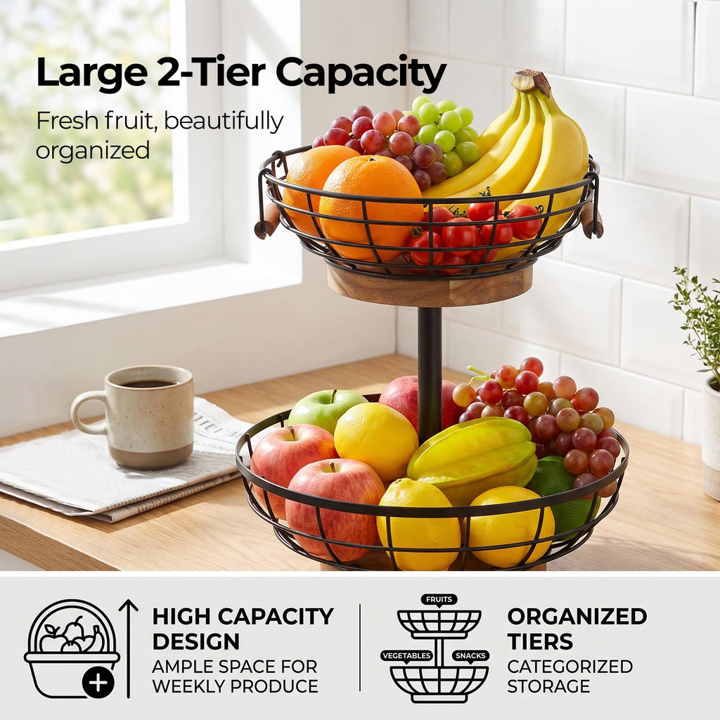 2-tier Metal Fruit Basket Bowl with Wooden Base W1938
