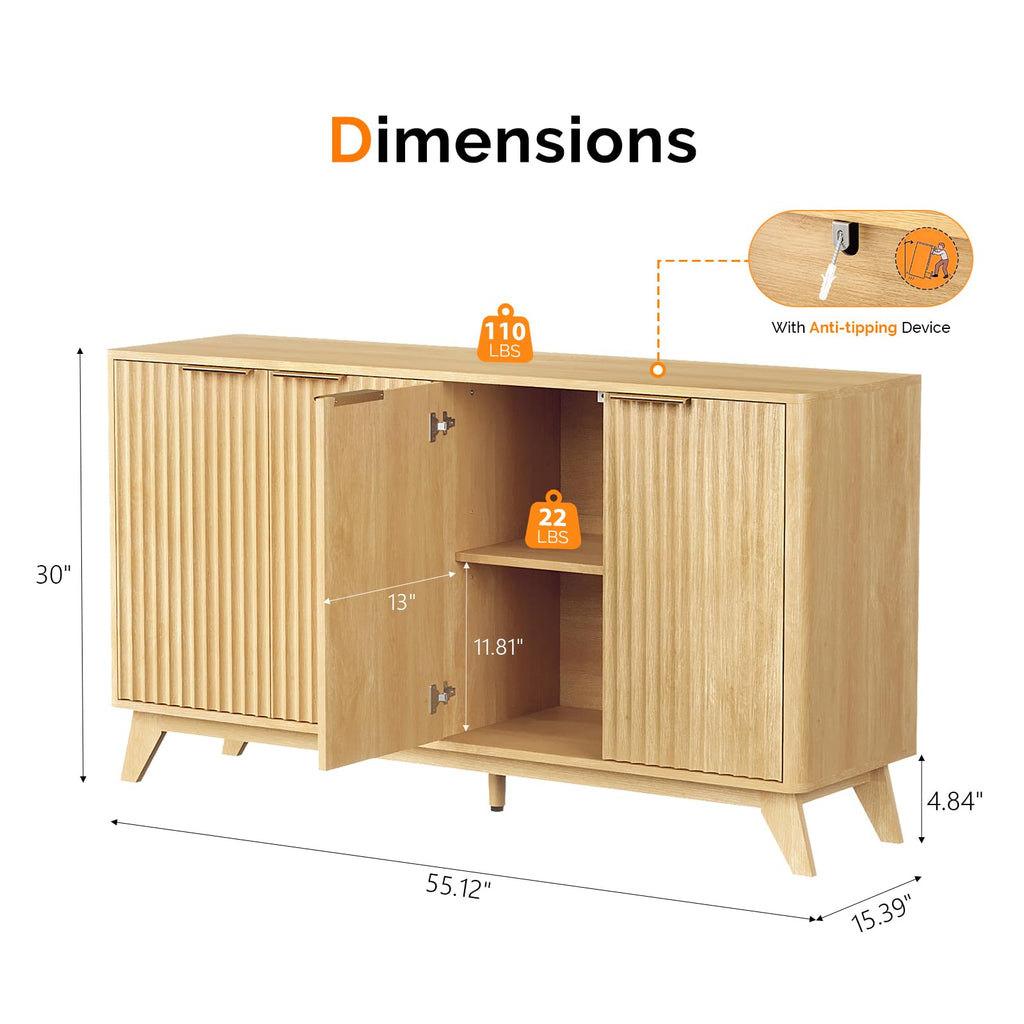 55" Fluted 4 Door Sideboard Cabinet with Adjustable Shelves G101
