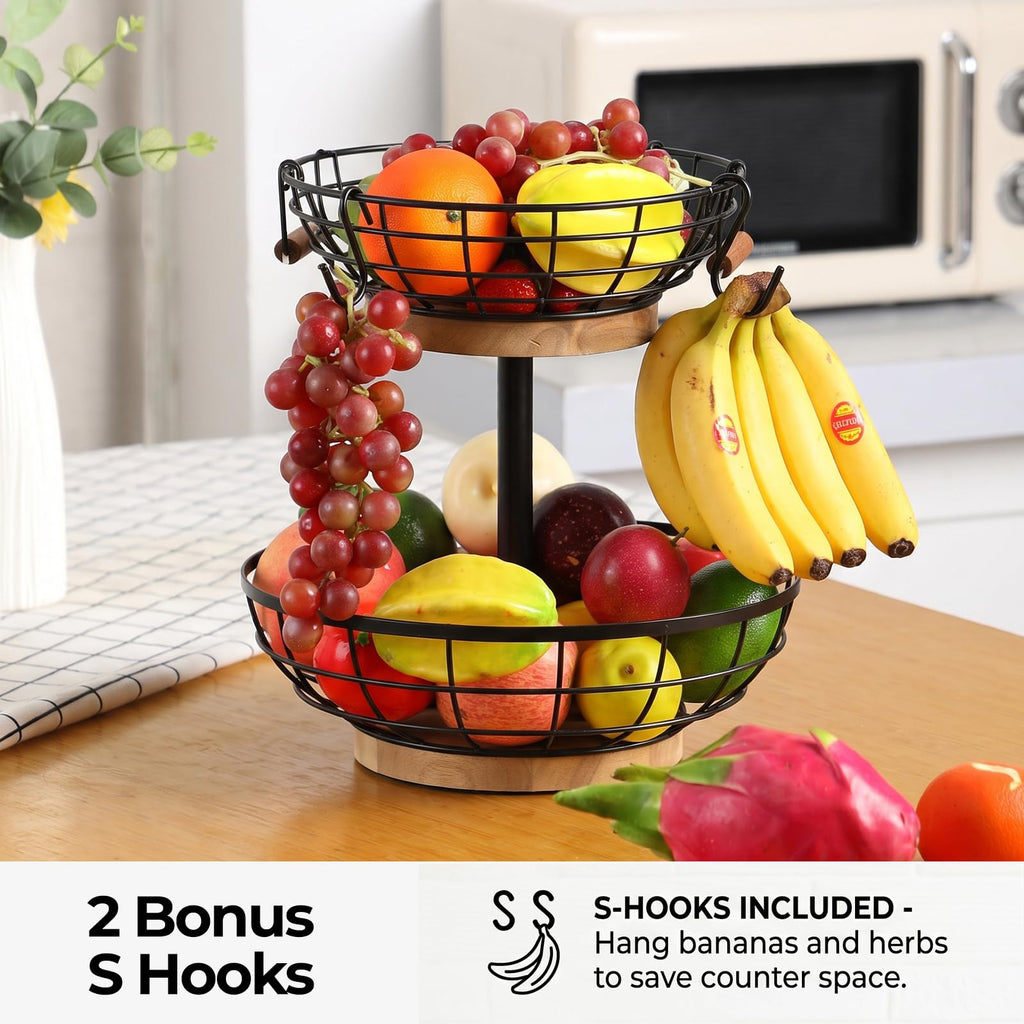2-tier Metal Fruit Basket Bowl with Wooden Base W1938